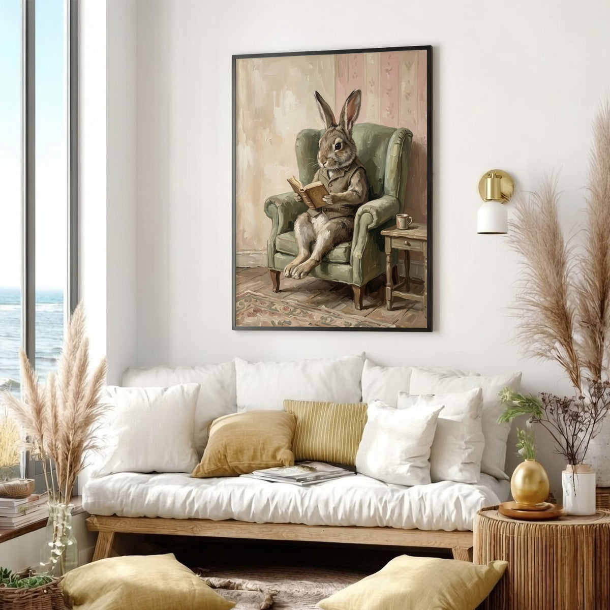 Poster of a brown rabbit wearing a vest sitting in a green armchair reading