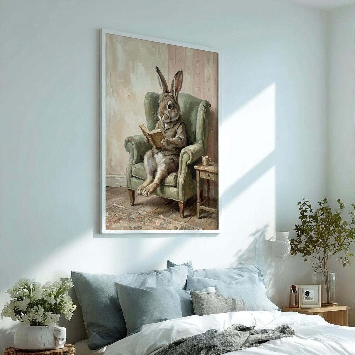 Poster of a brown rabbit wearing a vest sitting in a green armchair reading