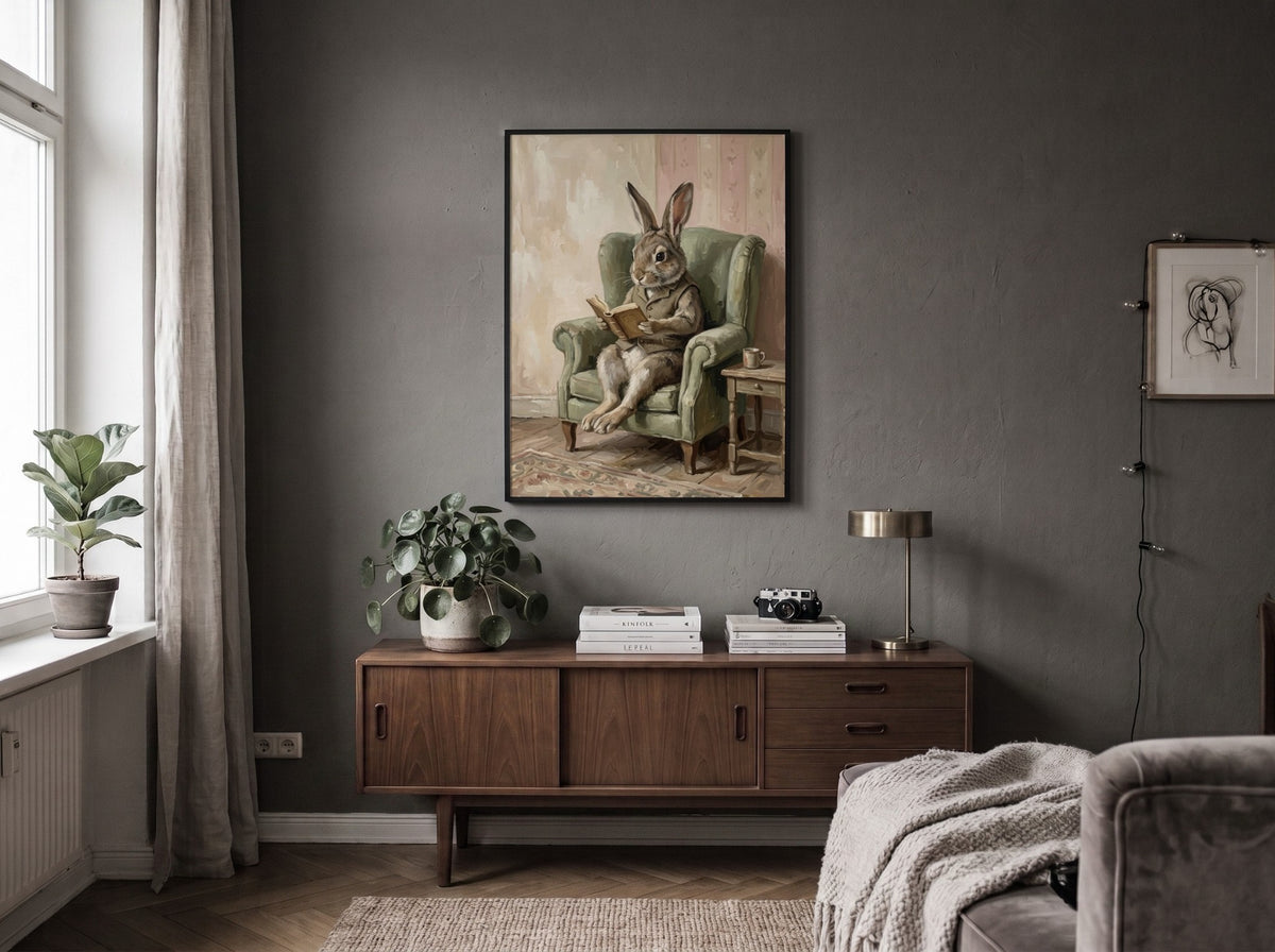 Poster of a brown rabbit wearing a vest sitting in a green armchair reading