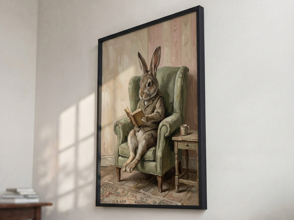 Poster of a brown rabbit wearing a vest sitting in a green armchair reading