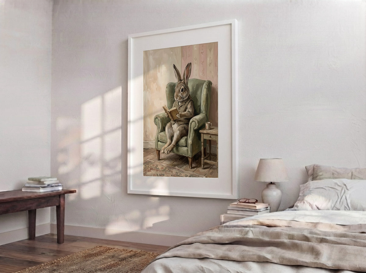 Poster of a brown rabbit wearing a vest sitting in a green armchair reading
