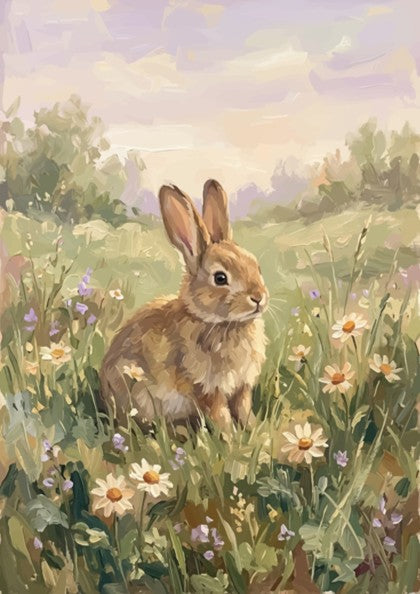 Easter bunny poster featuring a brown rabbit sitting in a field of daisies.