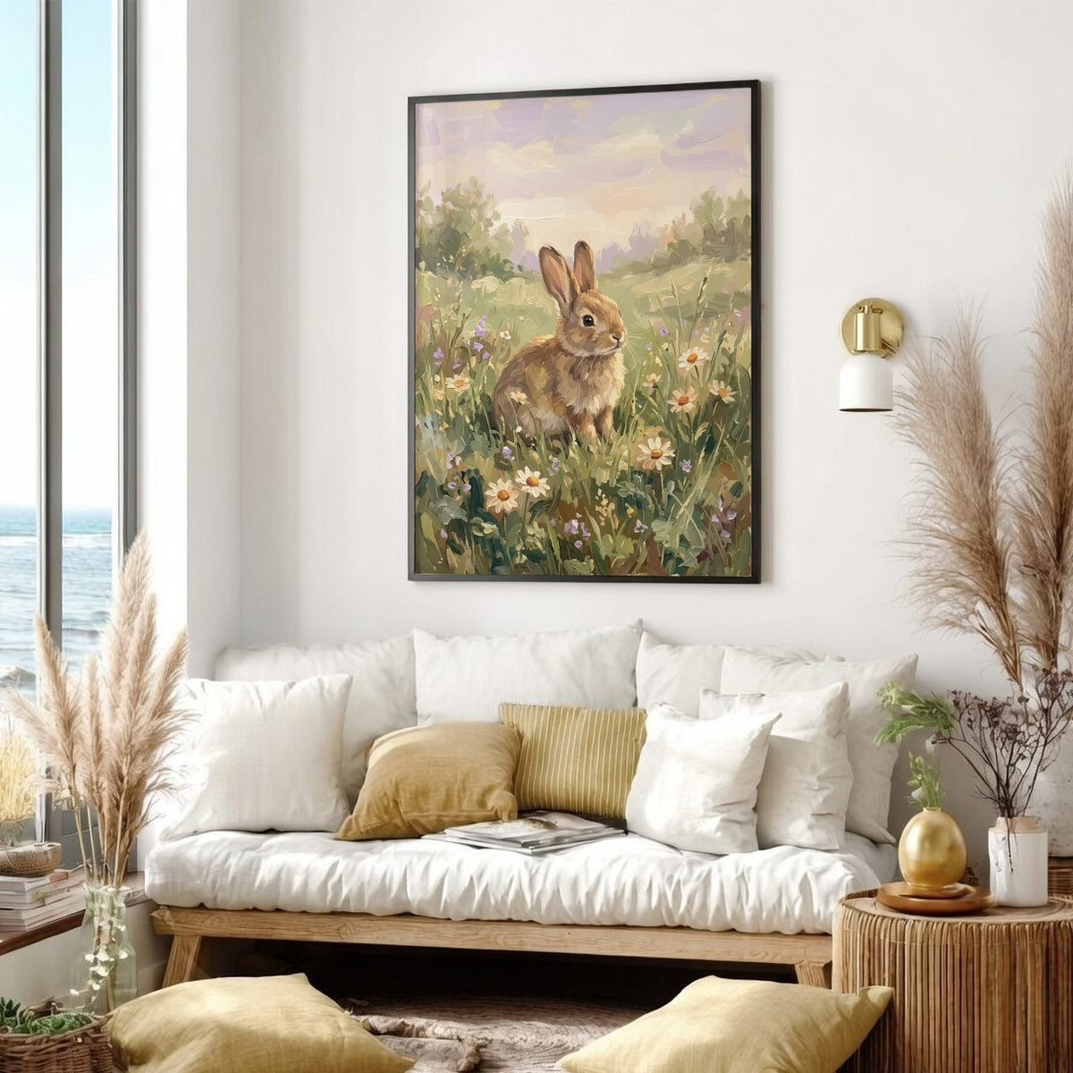 Easter bunny poster featuring a brown rabbit sitting in a field of daisies.