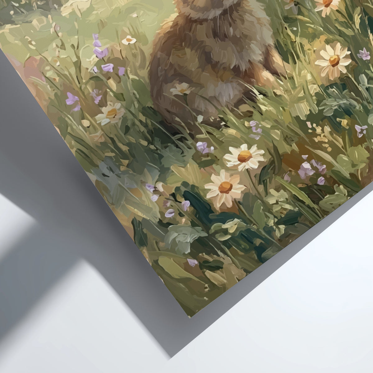 Easter bunny poster featuring a brown rabbit sitting in a field of daisies.