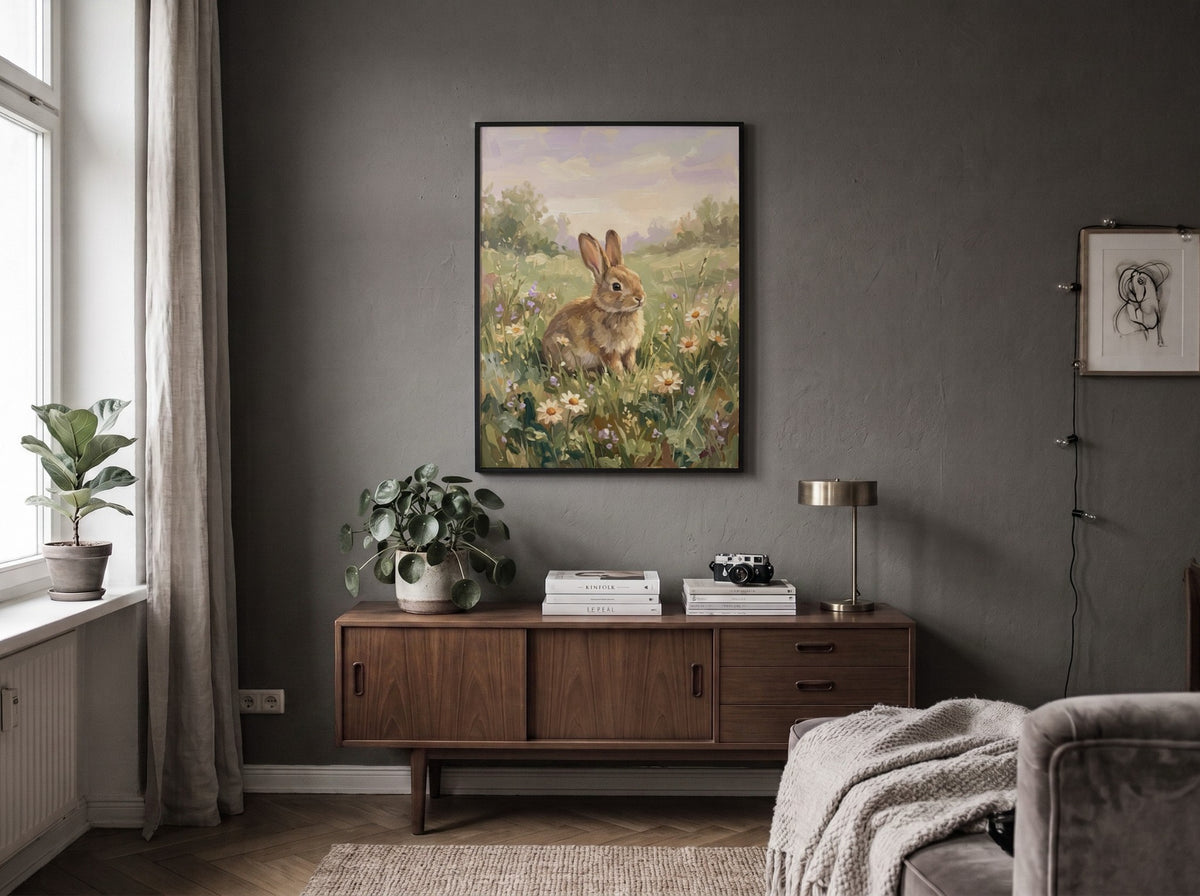 Easter bunny poster featuring a brown rabbit sitting in a field of daisies.