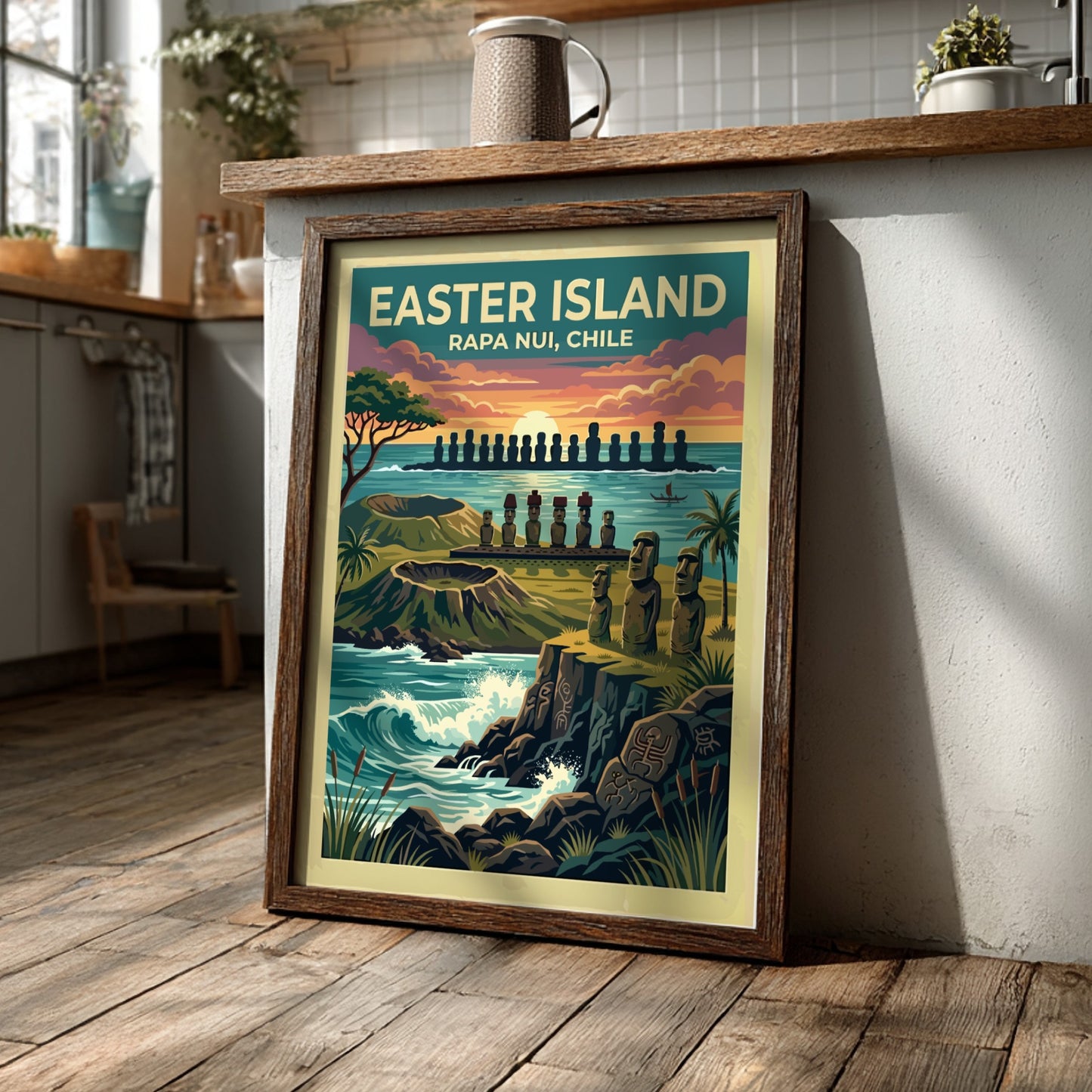 Easter Island travel poster featuring iconic moai statues at sunset with volcanic cliffs