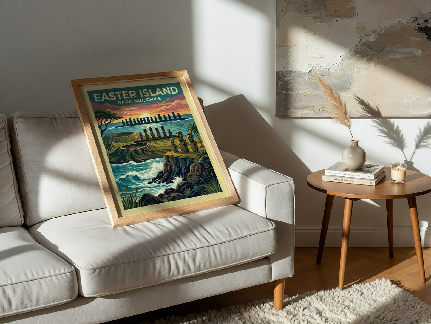 Easter Island travel poster featuring iconic moai statues at sunset with volcanic cliffs