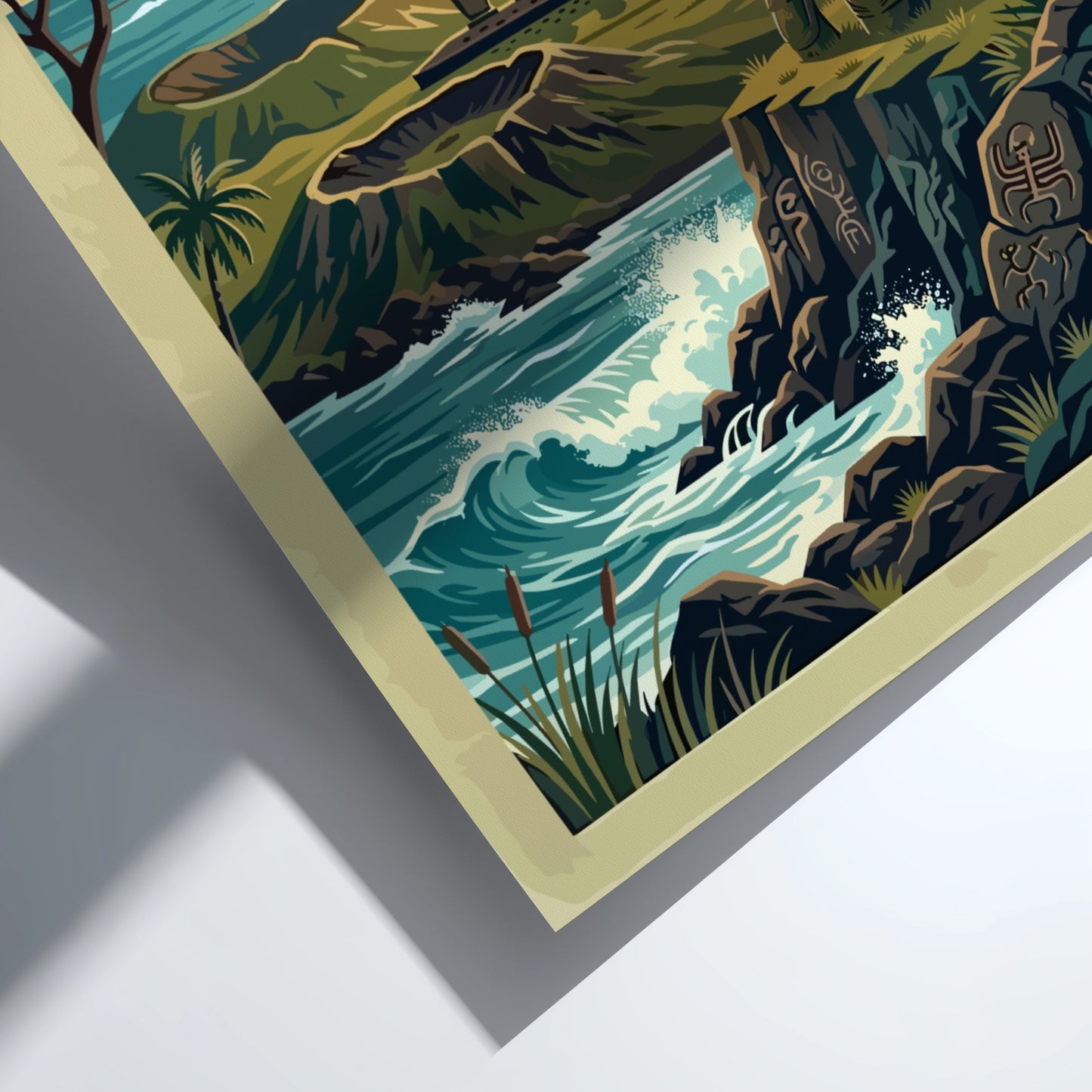 Easter Island travel poster featuring iconic moai statues at sunset with volcanic cliffs