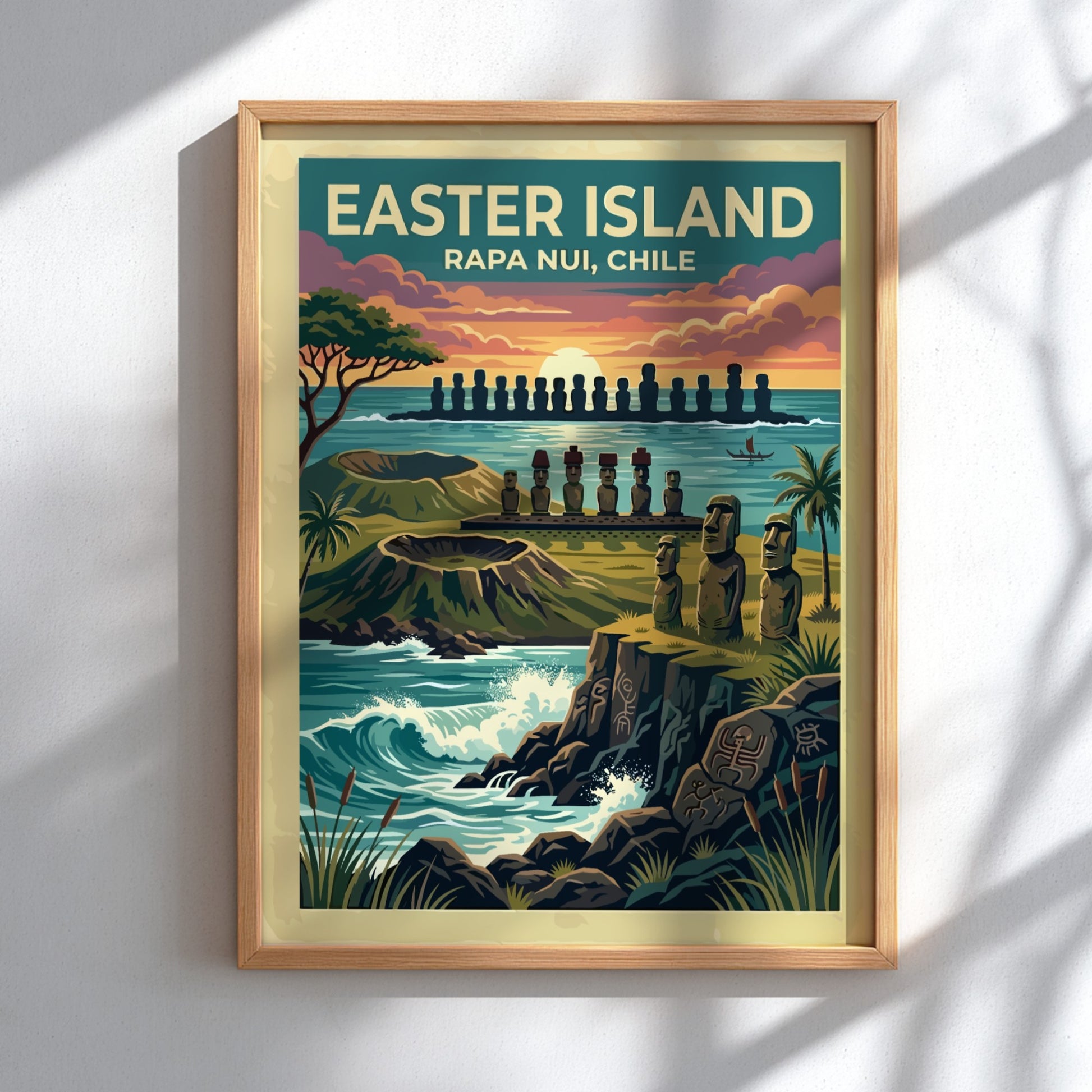 Easter Island travel poster featuring iconic moai statues at sunset with volcanic cliffs