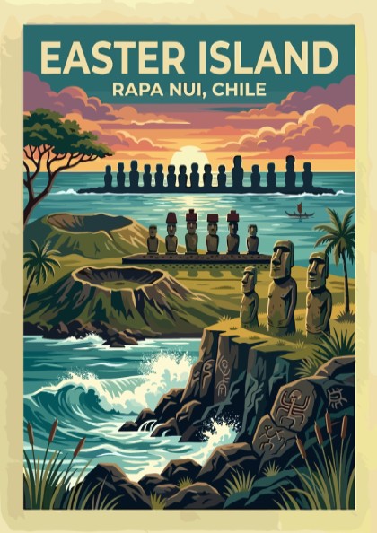 Easter Island travel poster featuring iconic moai statues at sunset with volcanic cliffs