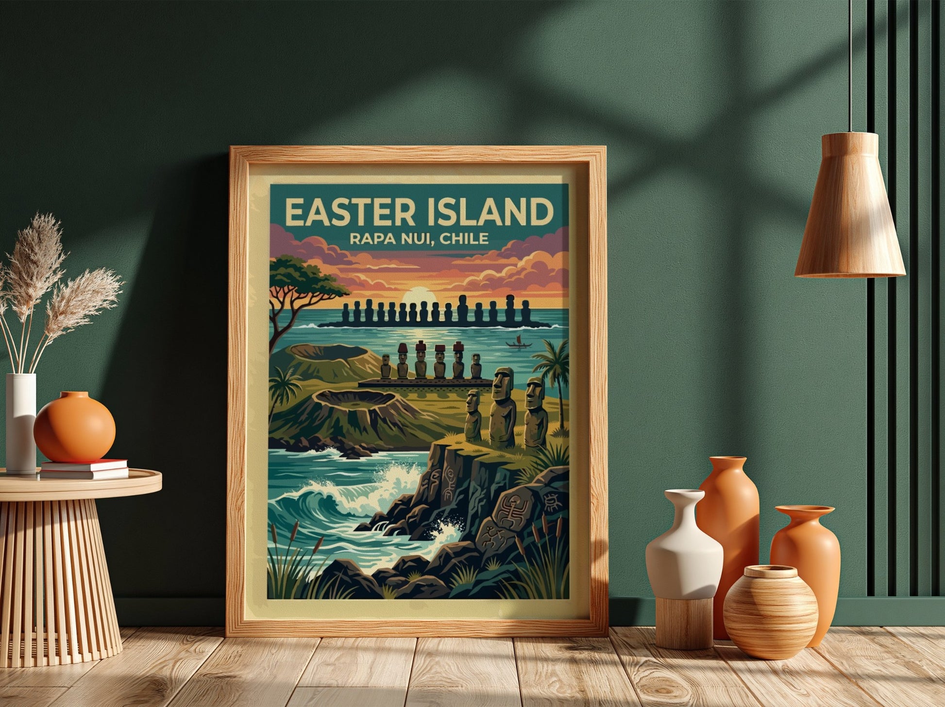 Easter Island travel poster featuring iconic moai statues at sunset with volcanic cliffs