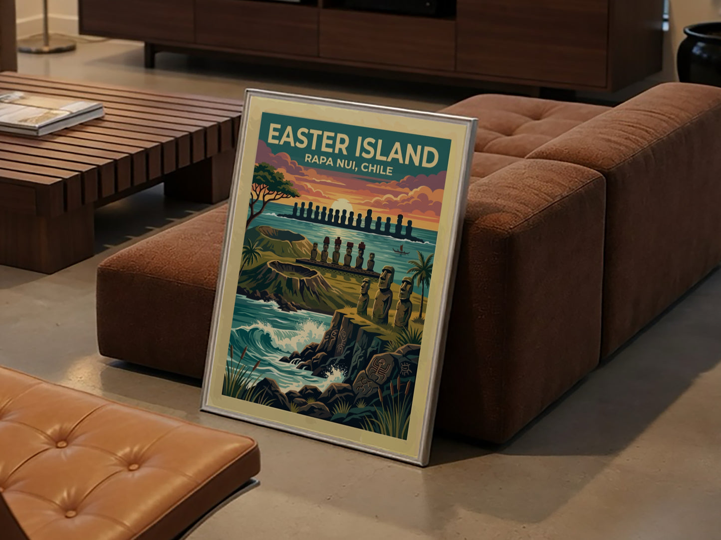 Easter Island travel poster featuring iconic moai statues at sunset with volcanic cliffs