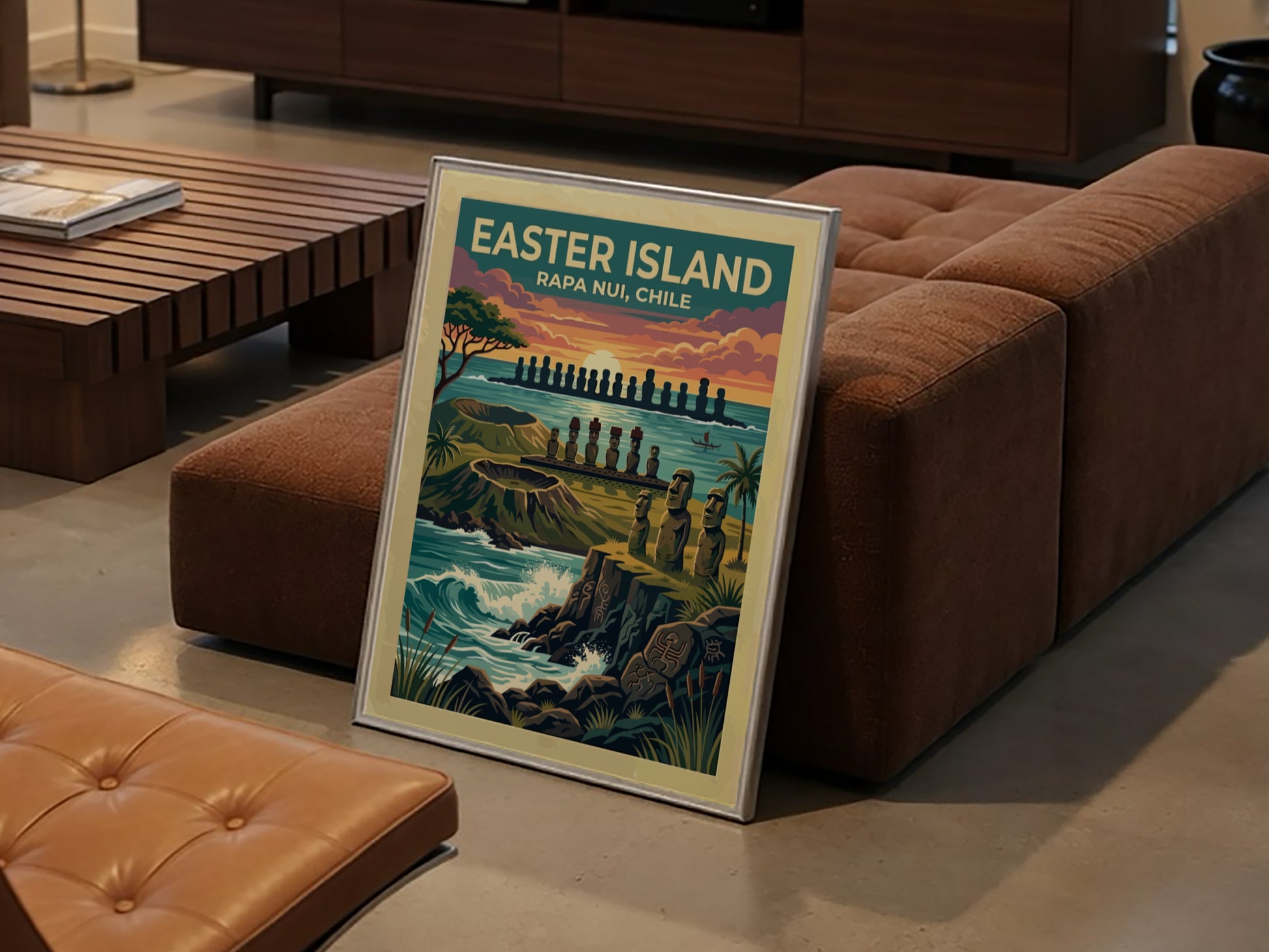 Easter Island travel poster featuring iconic moai statues at sunset with volcanic cliffs