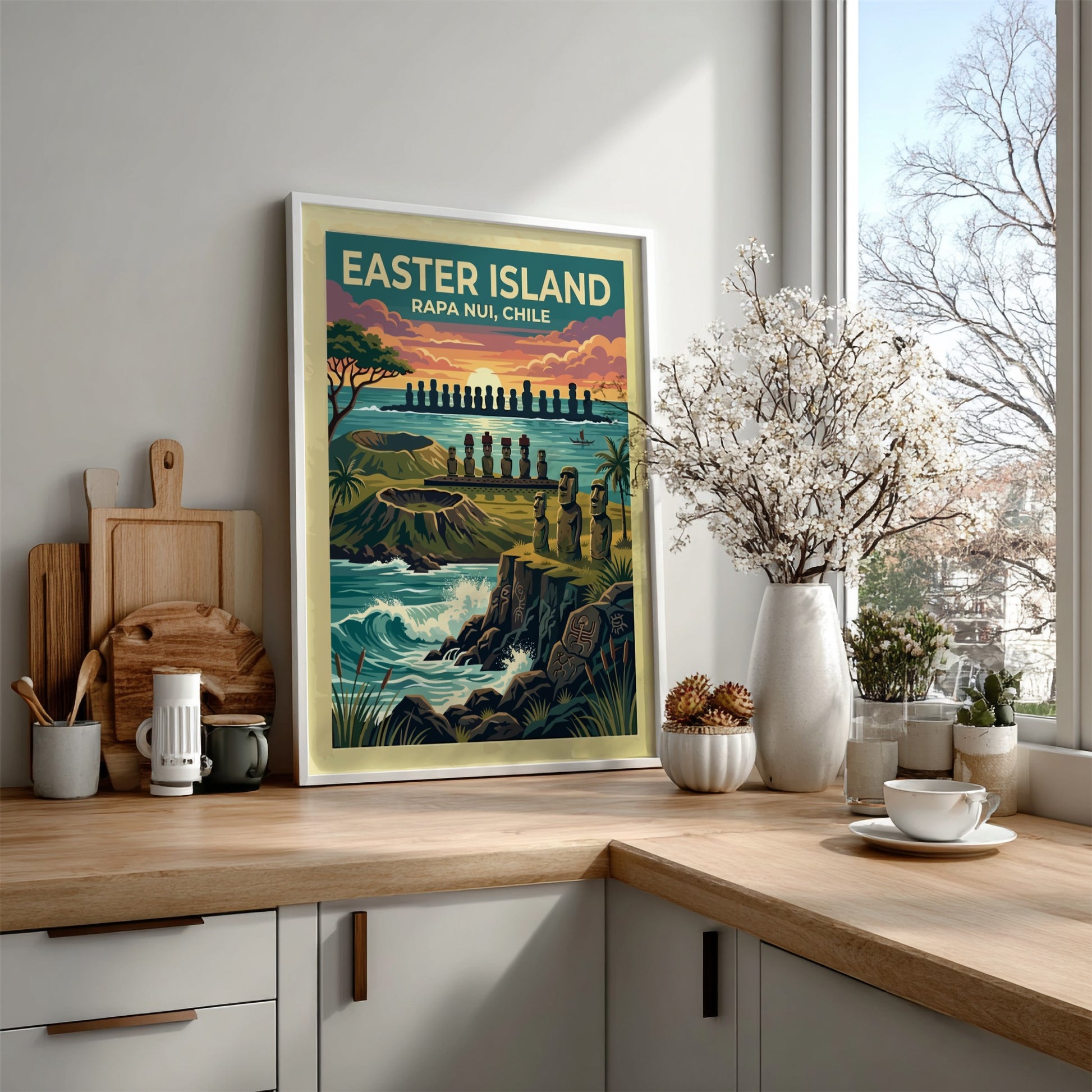 Easter Island travel poster featuring iconic moai statues at sunset with volcanic cliffs