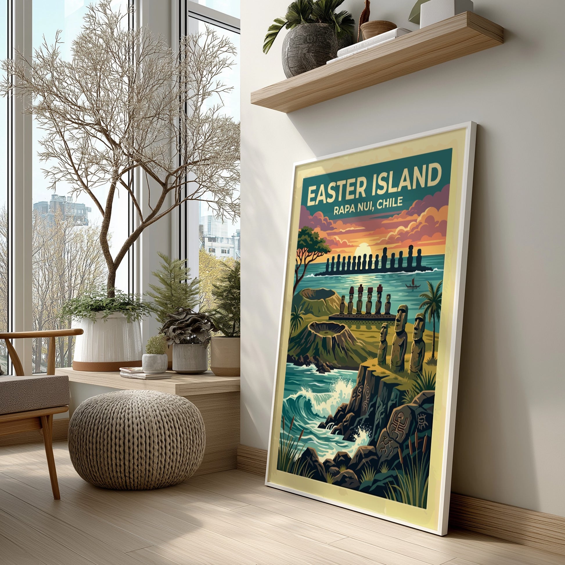 Easter Island travel poster featuring iconic moai statues at sunset with volcanic cliffs