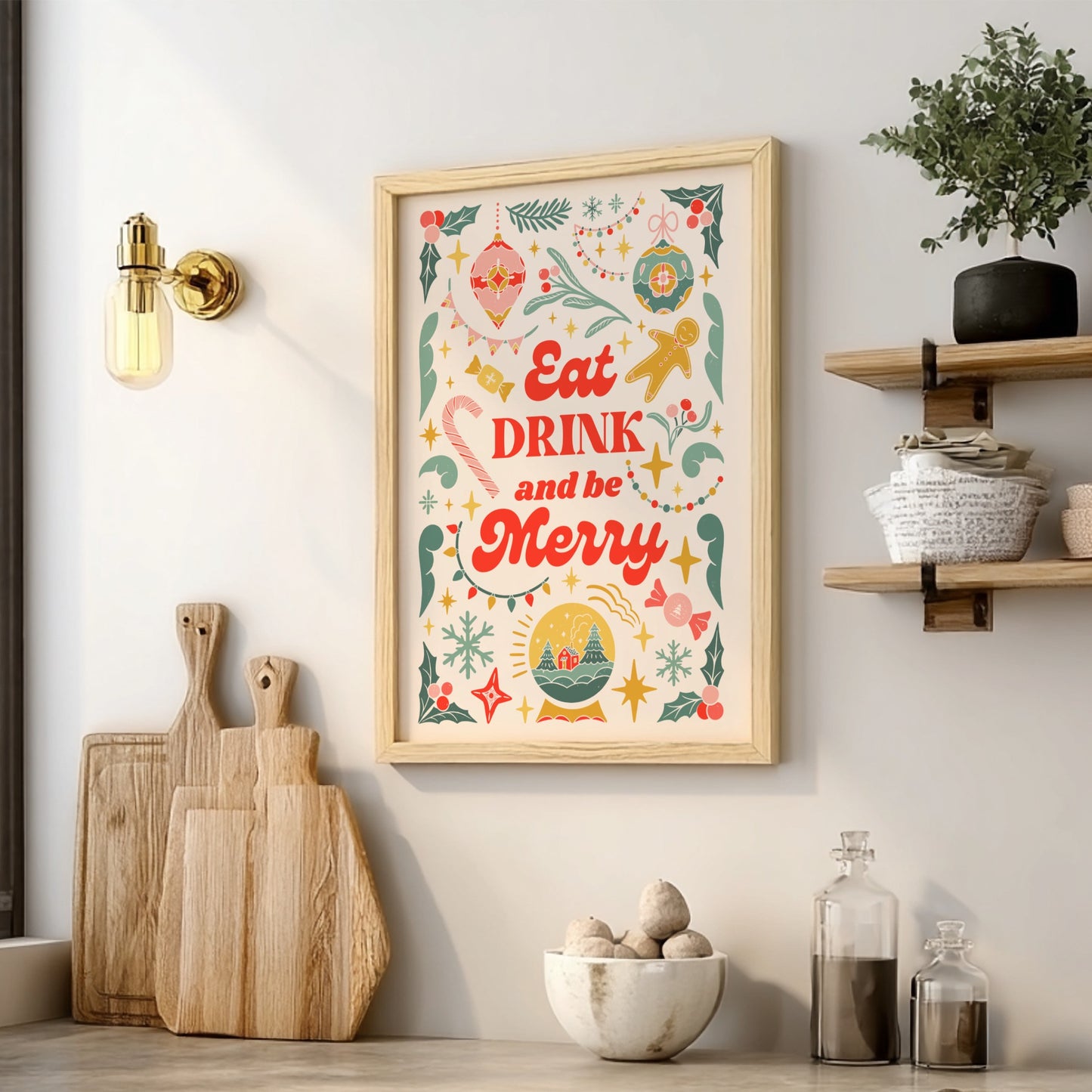 Eat Drink and Be Merry Poster - Festive Holiday Wall Art Print