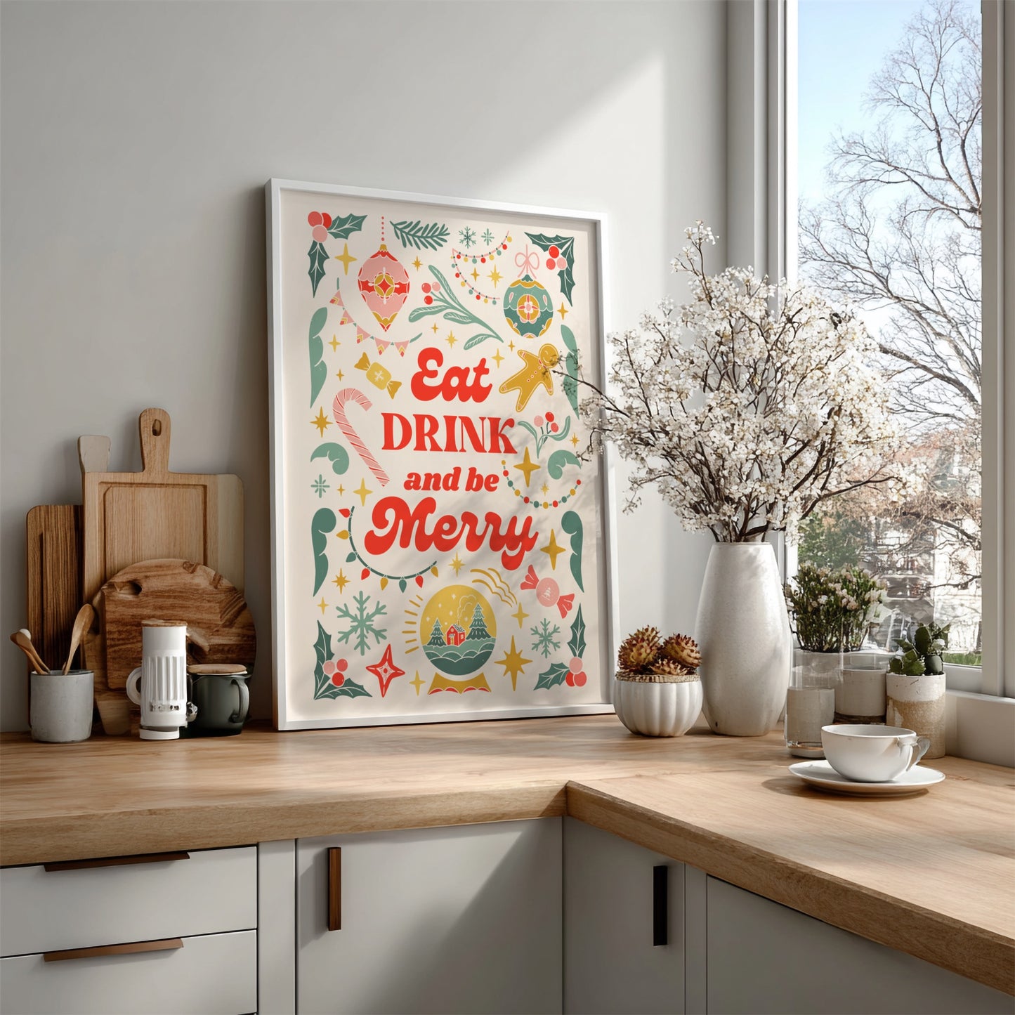 Eat Drink and Be Merry Poster - Festive Holiday Wall Art Print