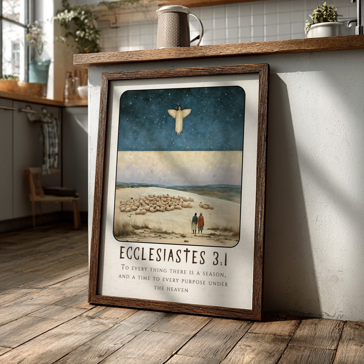 Ecclesiastes 3:1 poster featuring celestial sky and serene landscape, perfect for religious decor and