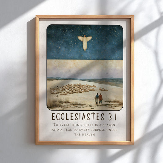 Ecclesiastes 3:1 poster featuring celestial sky and serene landscape, perfect for religious decor and