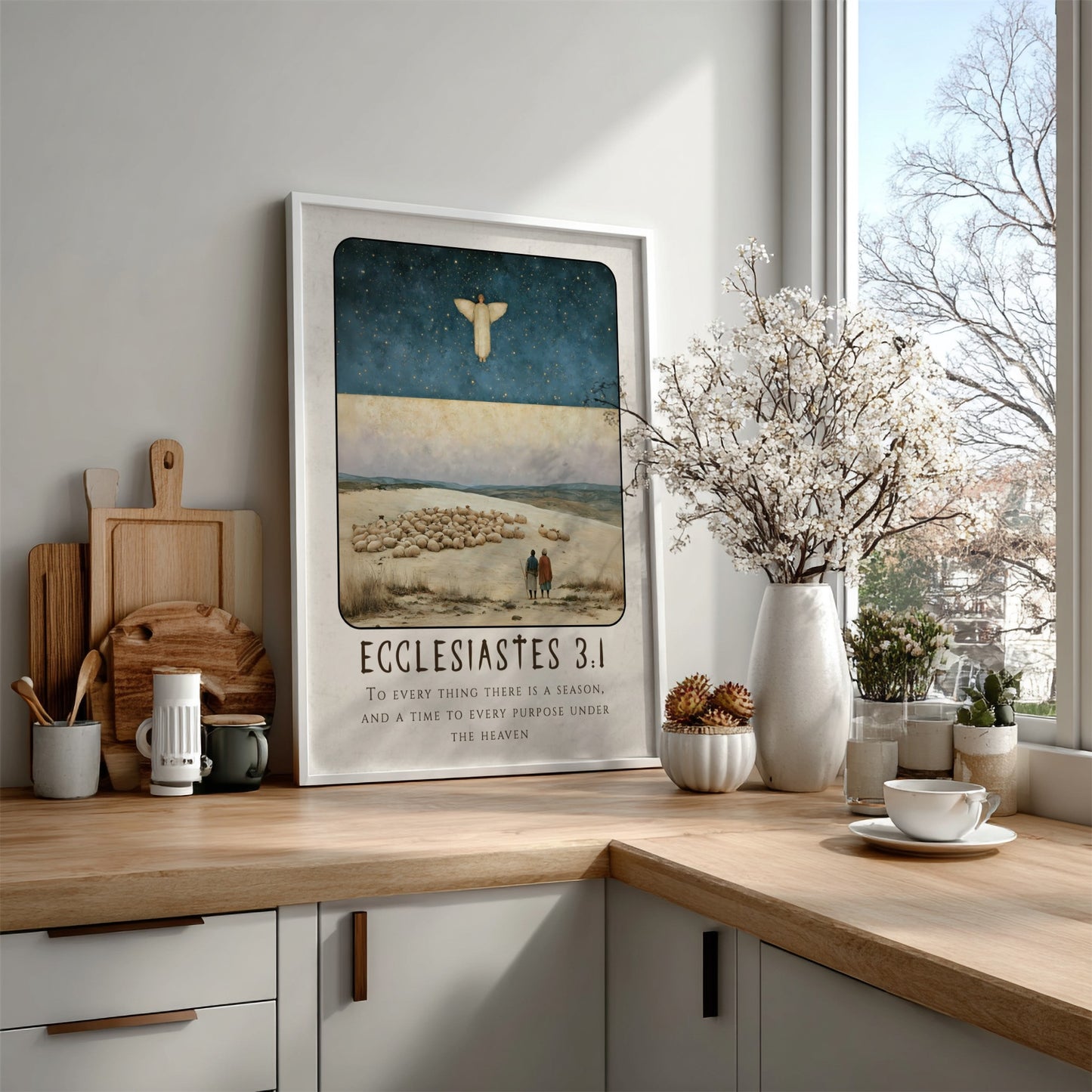 Ecclesiastes 3:1 poster featuring celestial sky and serene landscape, perfect for religious decor and