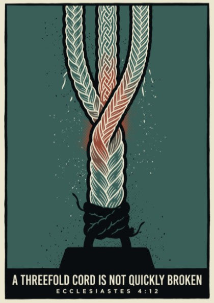 Poster featuring three intertwined ropes in teal and terracotta with the text A Threefold Cord