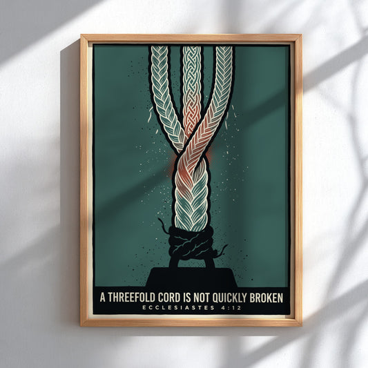 Poster featuring three intertwined ropes in teal and terracotta with the text A Threefold Cord