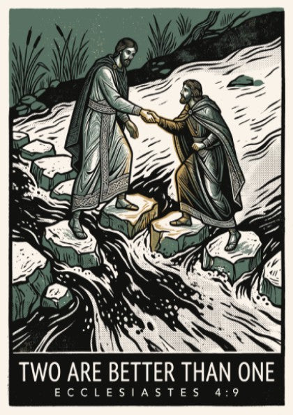 Poster featuring two figures helping each other cross a river with text below.