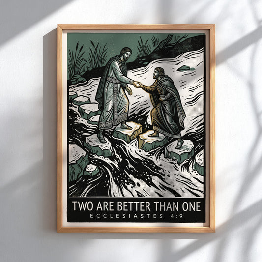Poster featuring two figures helping each other cross a river with text below.