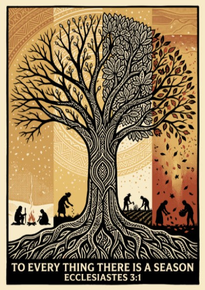 Poster featuring a seasonal tree with scriptural text in earthy brown and cream tones