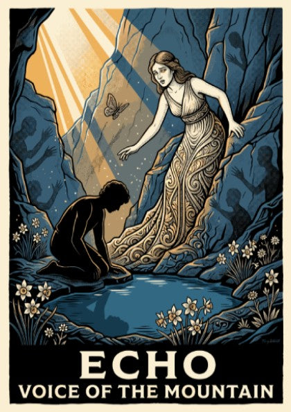 Poster featuring Echo and a kneeling youth in a blue cavernous mountain scene.