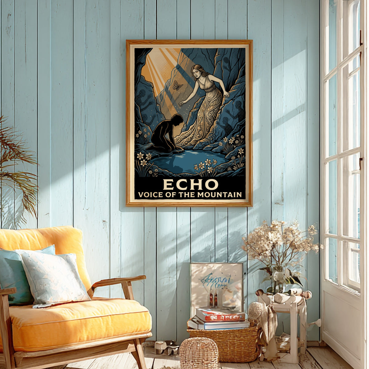 Poster featuring Echo and a kneeling youth in a blue cavernous mountain scene.