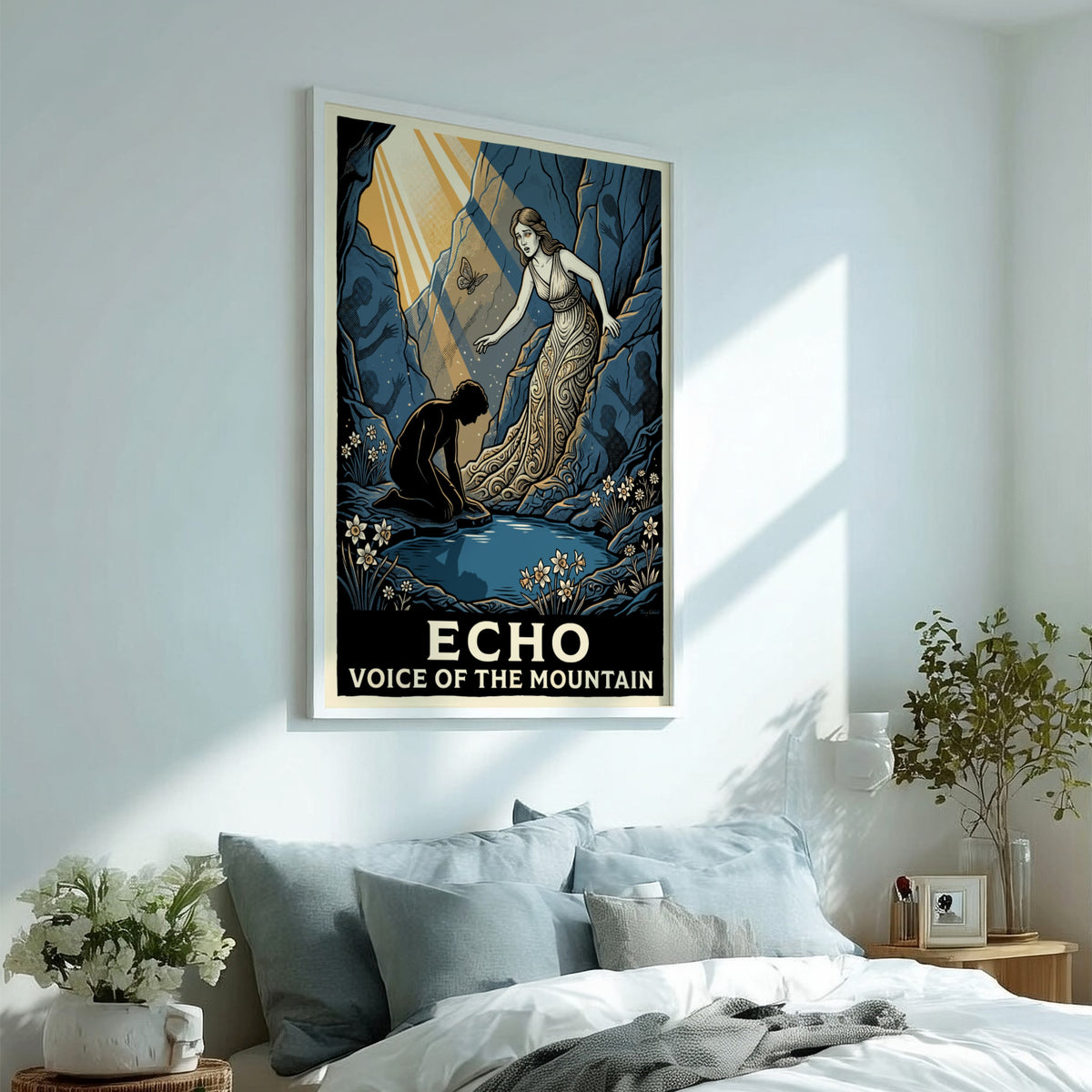 Poster featuring Echo and a kneeling youth in a blue cavernous mountain scene.