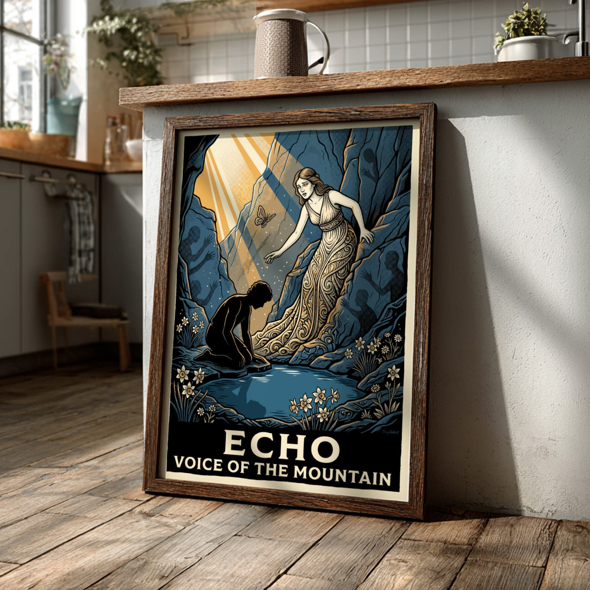 Poster featuring Echo and a kneeling youth in a blue cavernous mountain scene.