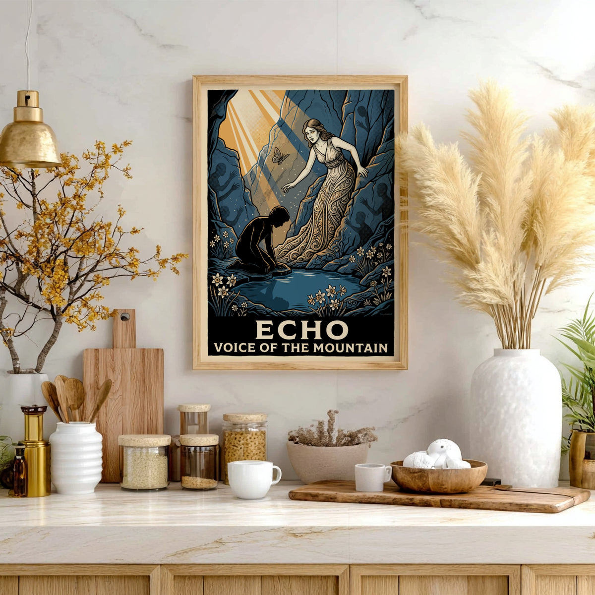 Poster featuring Echo and a kneeling youth in a blue cavernous mountain scene.