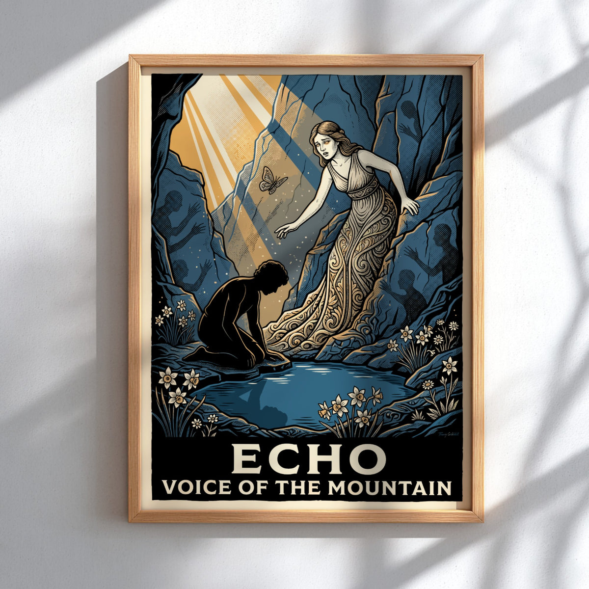 Poster featuring Echo and a kneeling youth in a blue cavernous mountain scene.