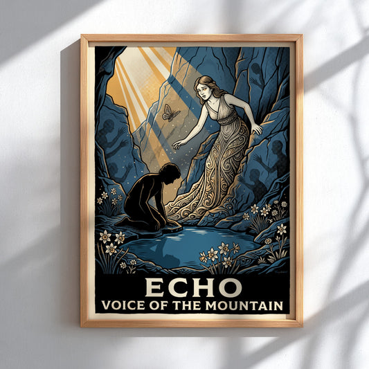 Poster featuring Echo and a kneeling youth in a blue cavernous mountain scene.