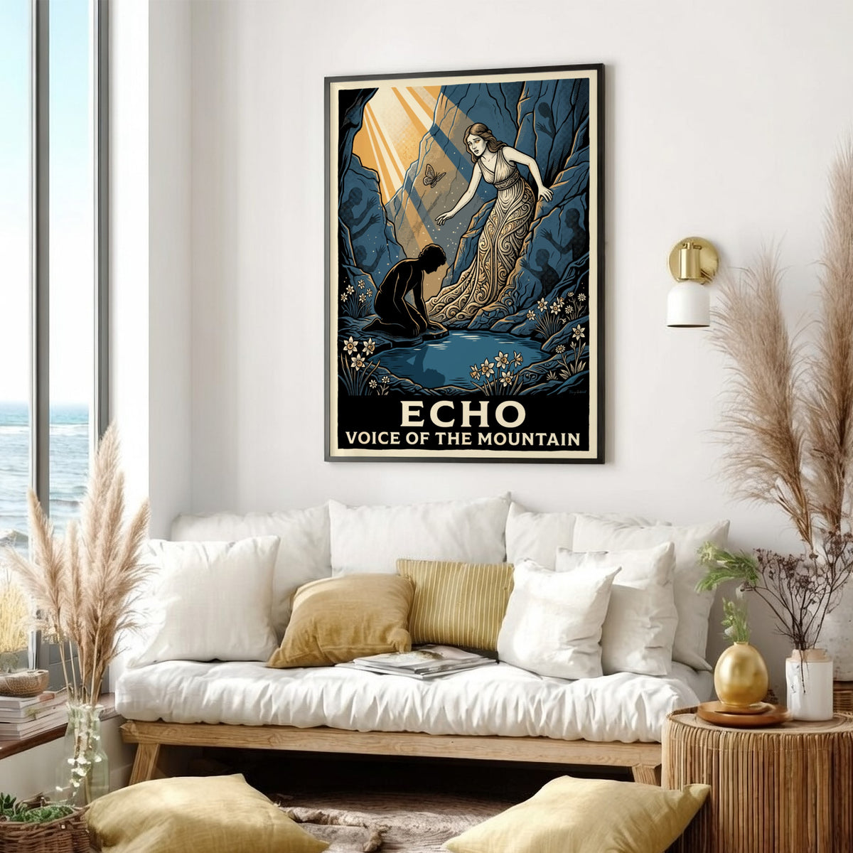 Poster featuring Echo and a kneeling youth in a blue cavernous mountain scene.
