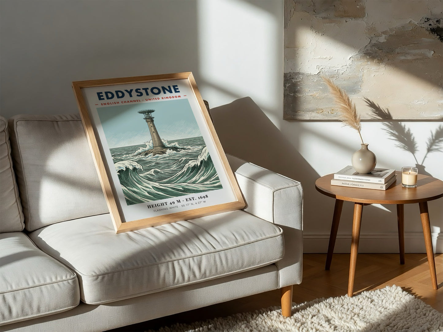 Poster of Eddystone Lighthouse in the English Channel with crashing waves and text.