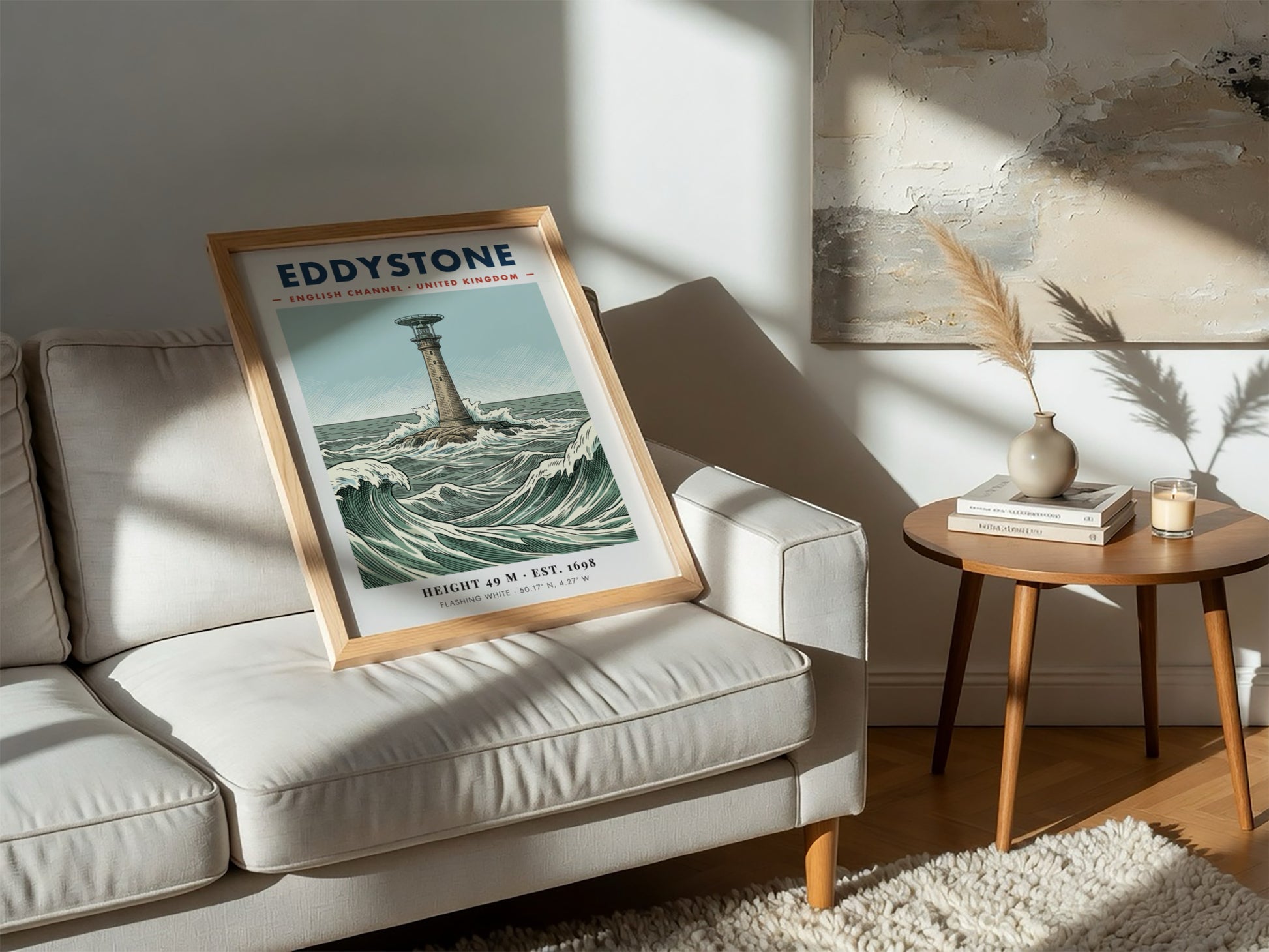 Poster of Eddystone Lighthouse in the English Channel with crashing waves and text.