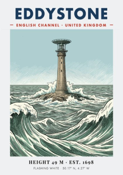 Poster of Eddystone Lighthouse in the English Channel with crashing waves and text.