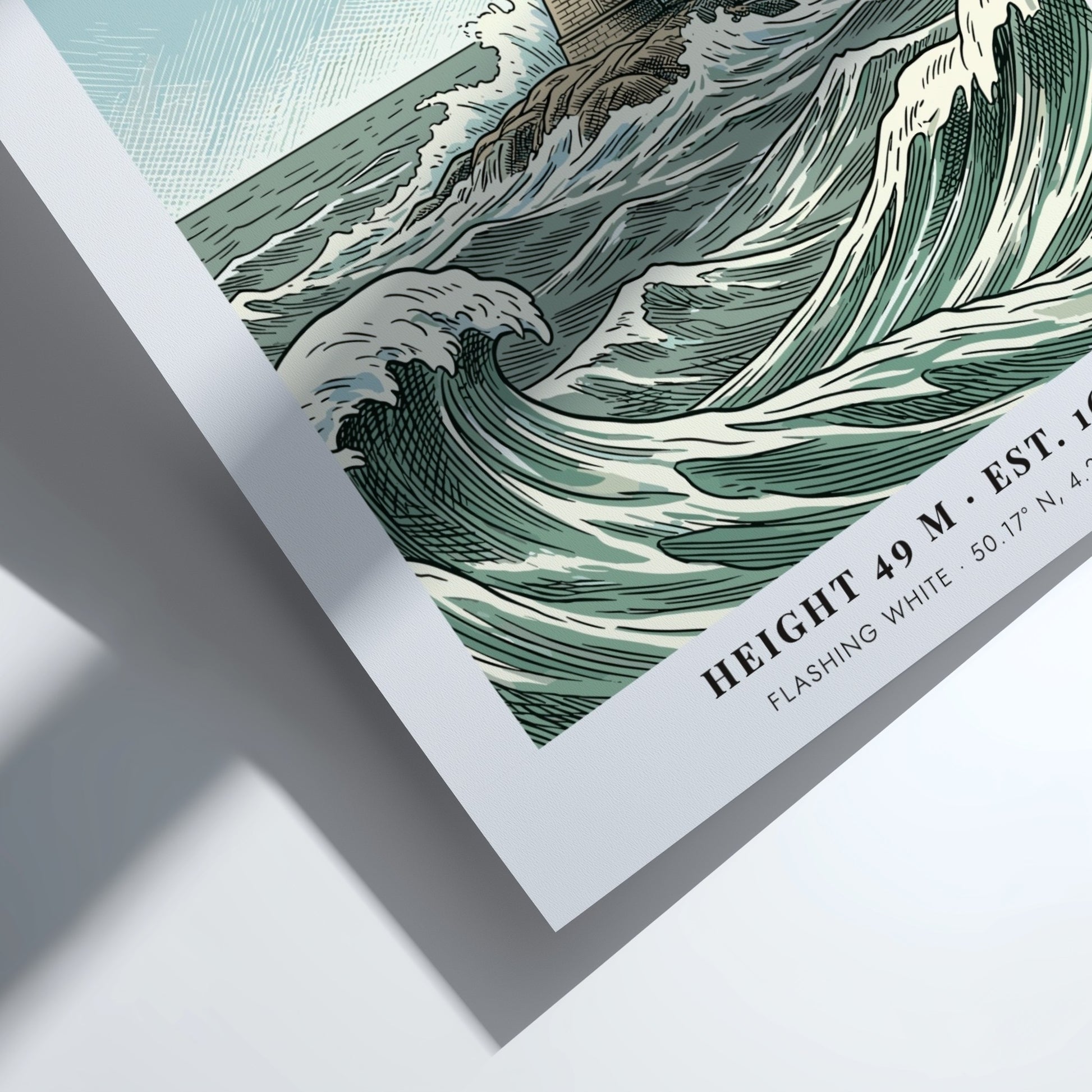 Poster of Eddystone Lighthouse in the English Channel with crashing waves and text.