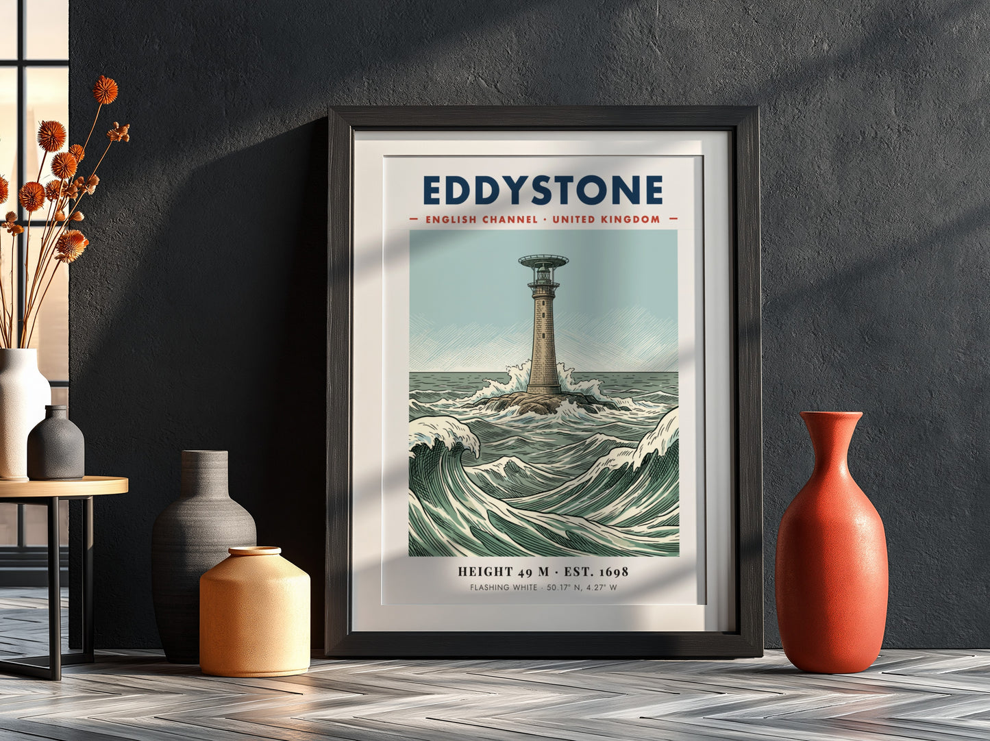 Poster of Eddystone Lighthouse in the English Channel with crashing waves and text.
