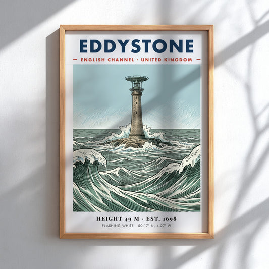 Poster of Eddystone Lighthouse in the English Channel with crashing waves and text.