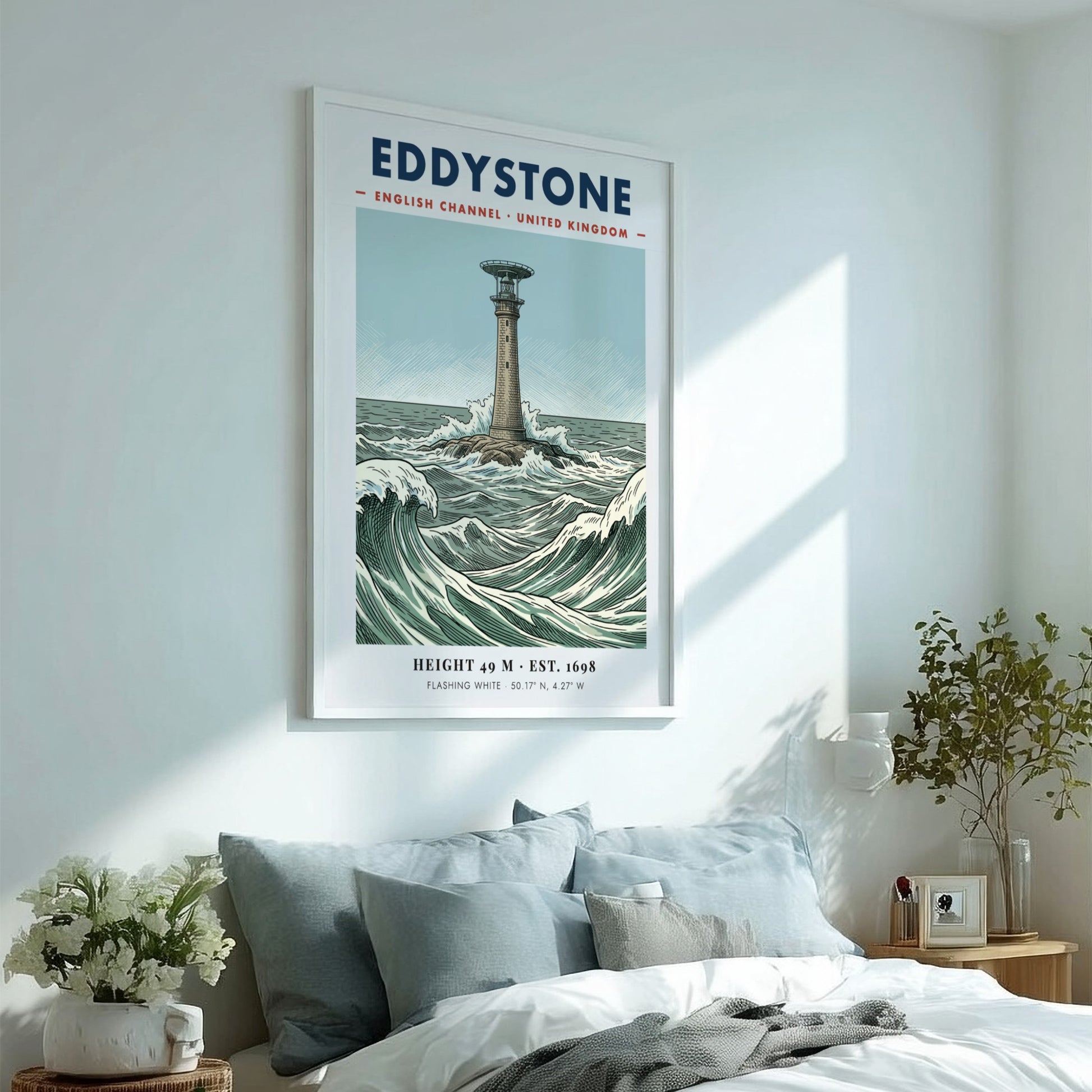 Poster of Eddystone Lighthouse in the English Channel with crashing waves and text.