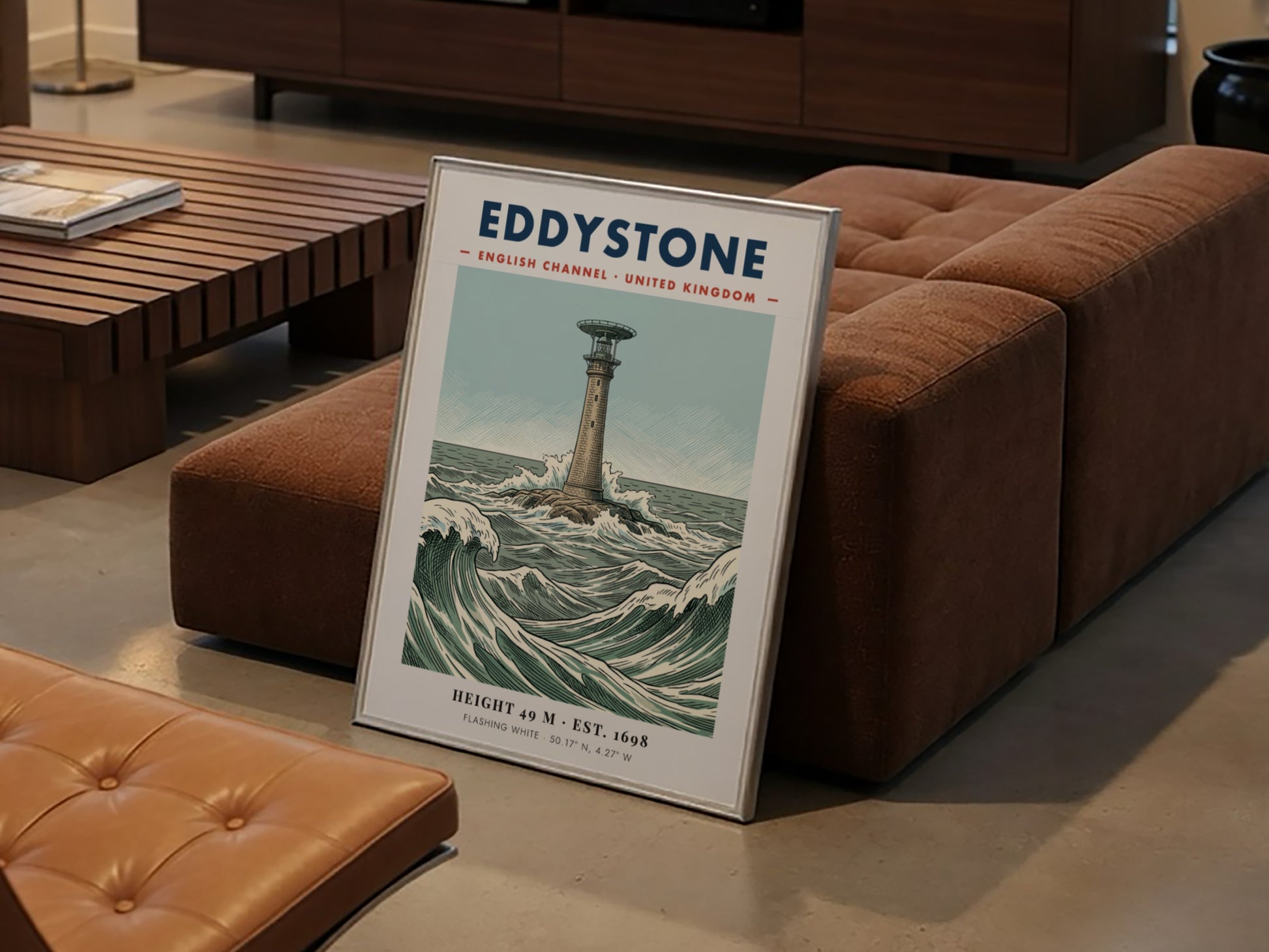 Poster of Eddystone Lighthouse in the English Channel with crashing waves and text.