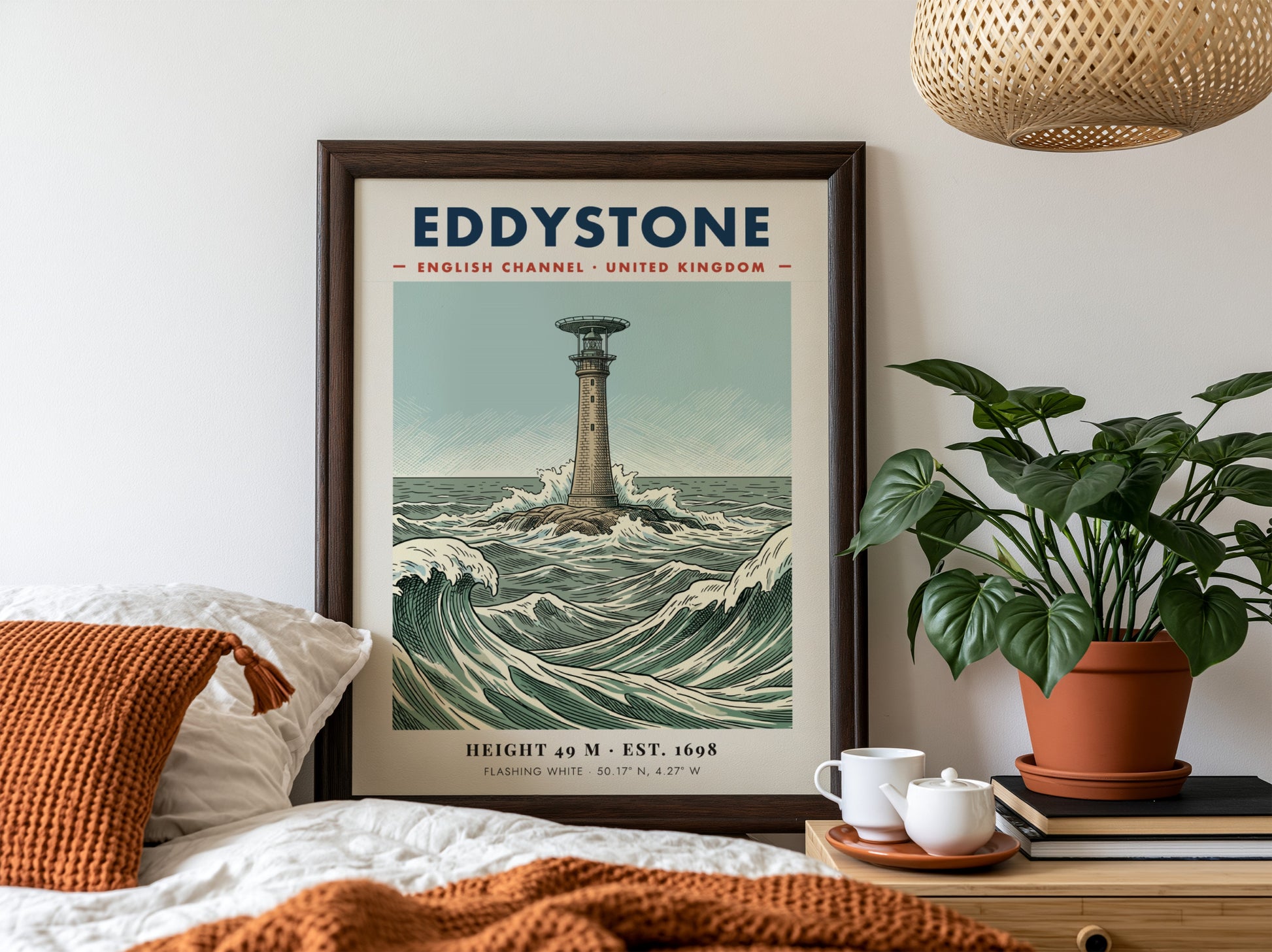 Poster of Eddystone Lighthouse in the English Channel with crashing waves and text.