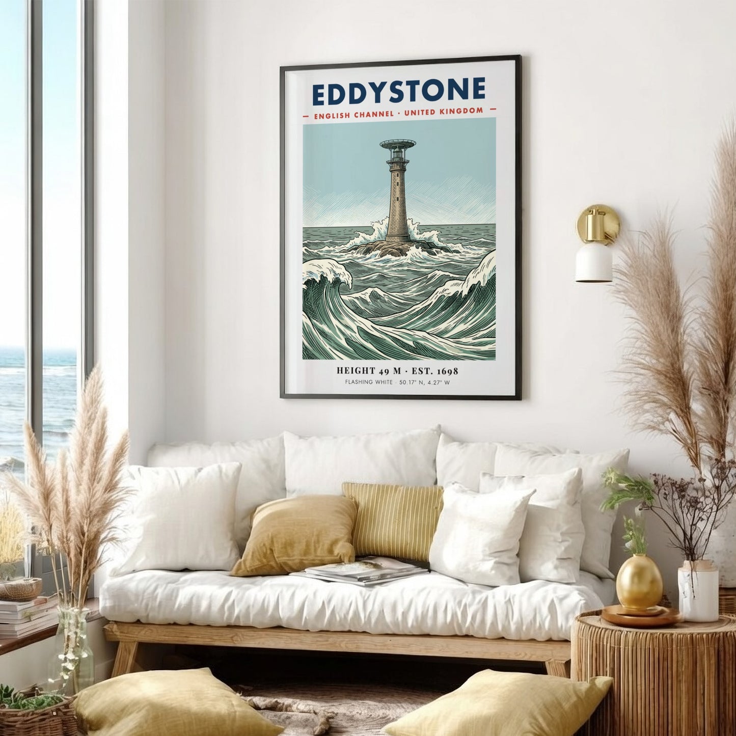 Poster of Eddystone Lighthouse in the English Channel with crashing waves and text.