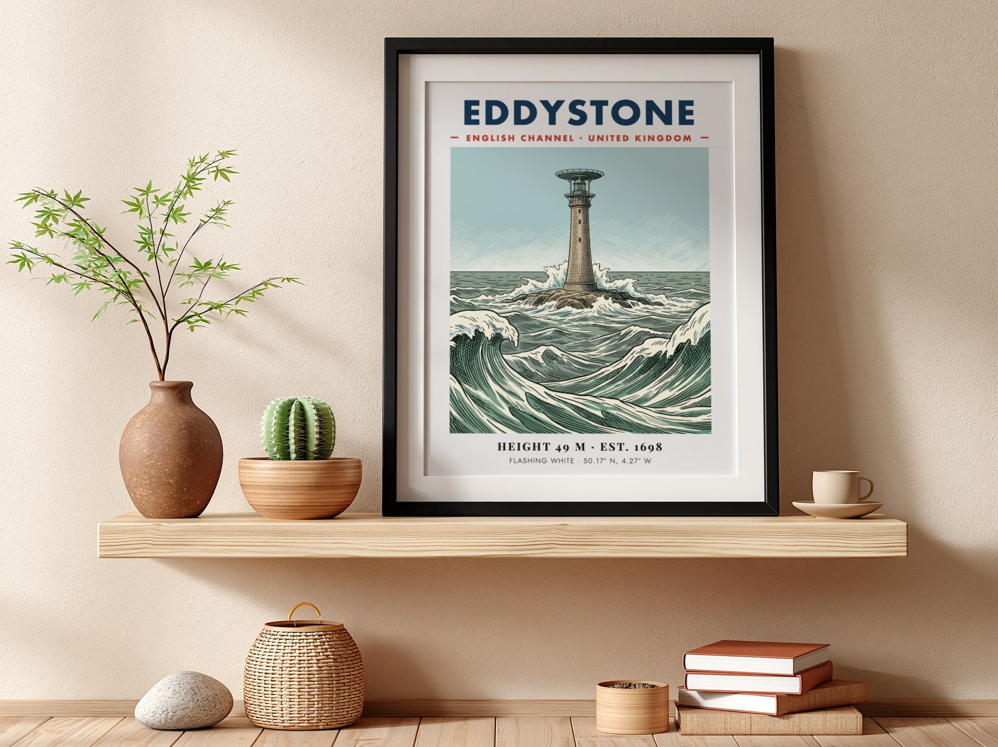 Poster of Eddystone Lighthouse in the English Channel with crashing waves and text.