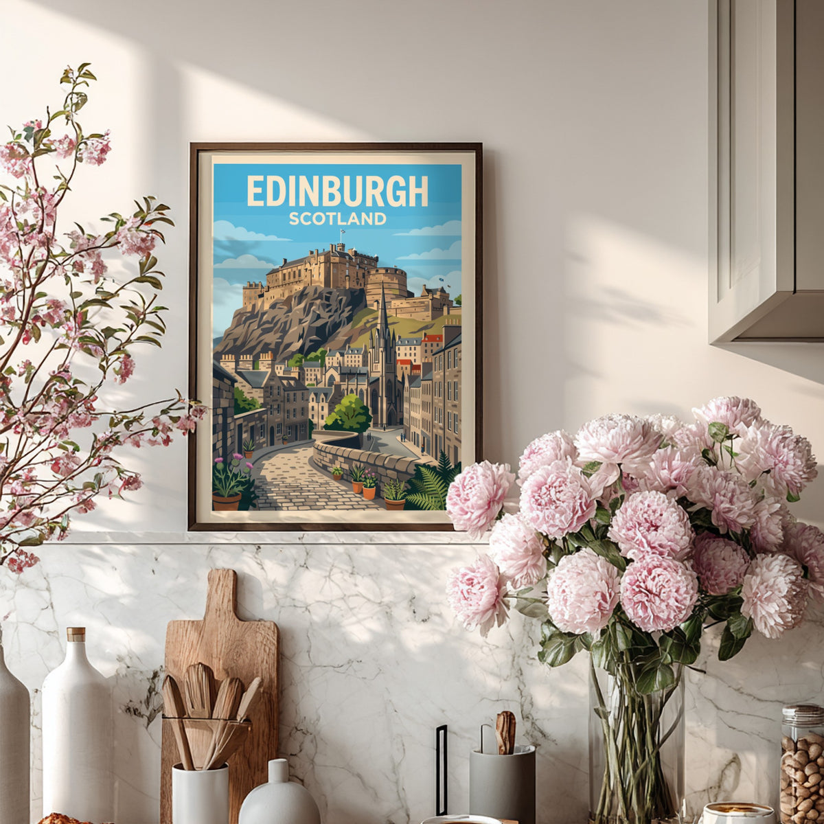 Travel poster of Edinburgh Scotland featuring the historic castle overlooking cobblestone streets and