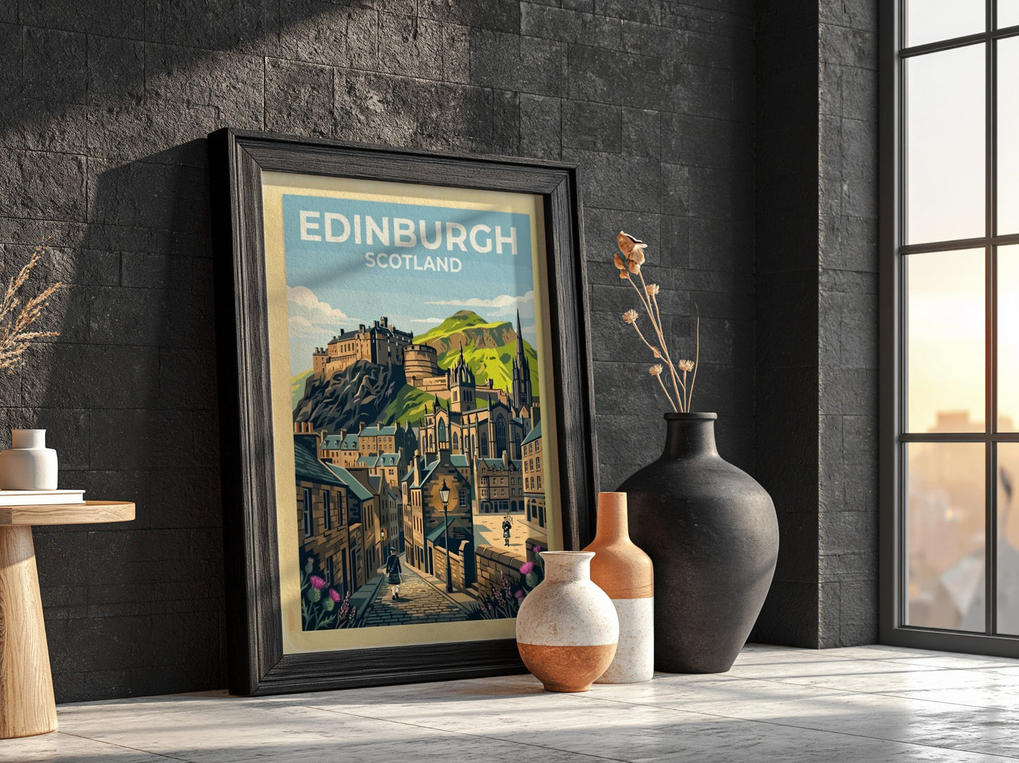 Travel poster of Edinburgh Scotland featuring the castle, cobblestone streets, bagpipers, and thistles.
